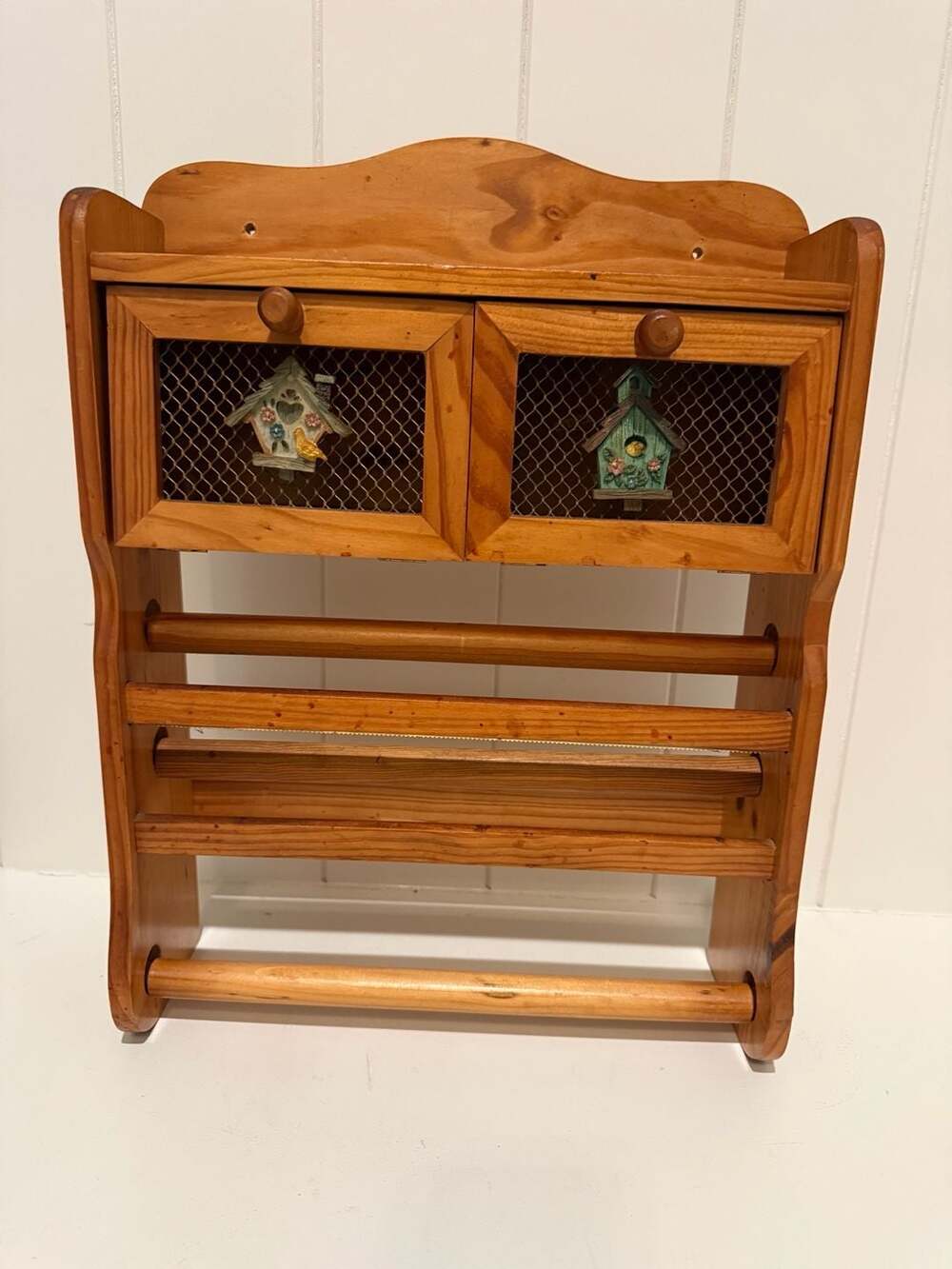 Vintage Wooden Wall Mount Spice Rack With Chicken Wire Doors And Birdhouse Accen